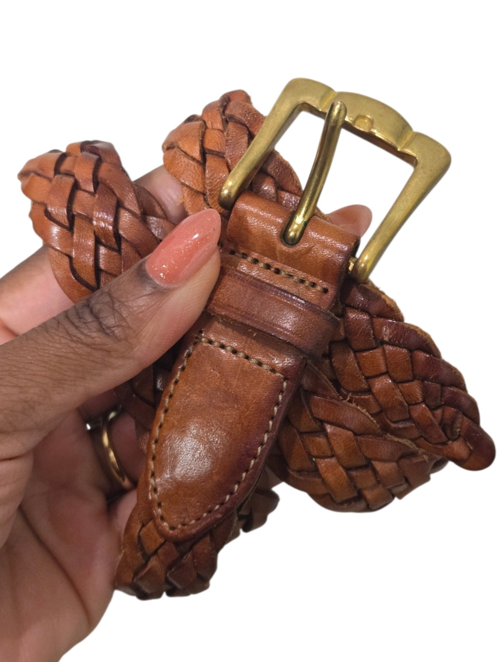 Eddie Bauer Vintage Braided Woven Leather Belt Brown Solid Brass Buckle US Small